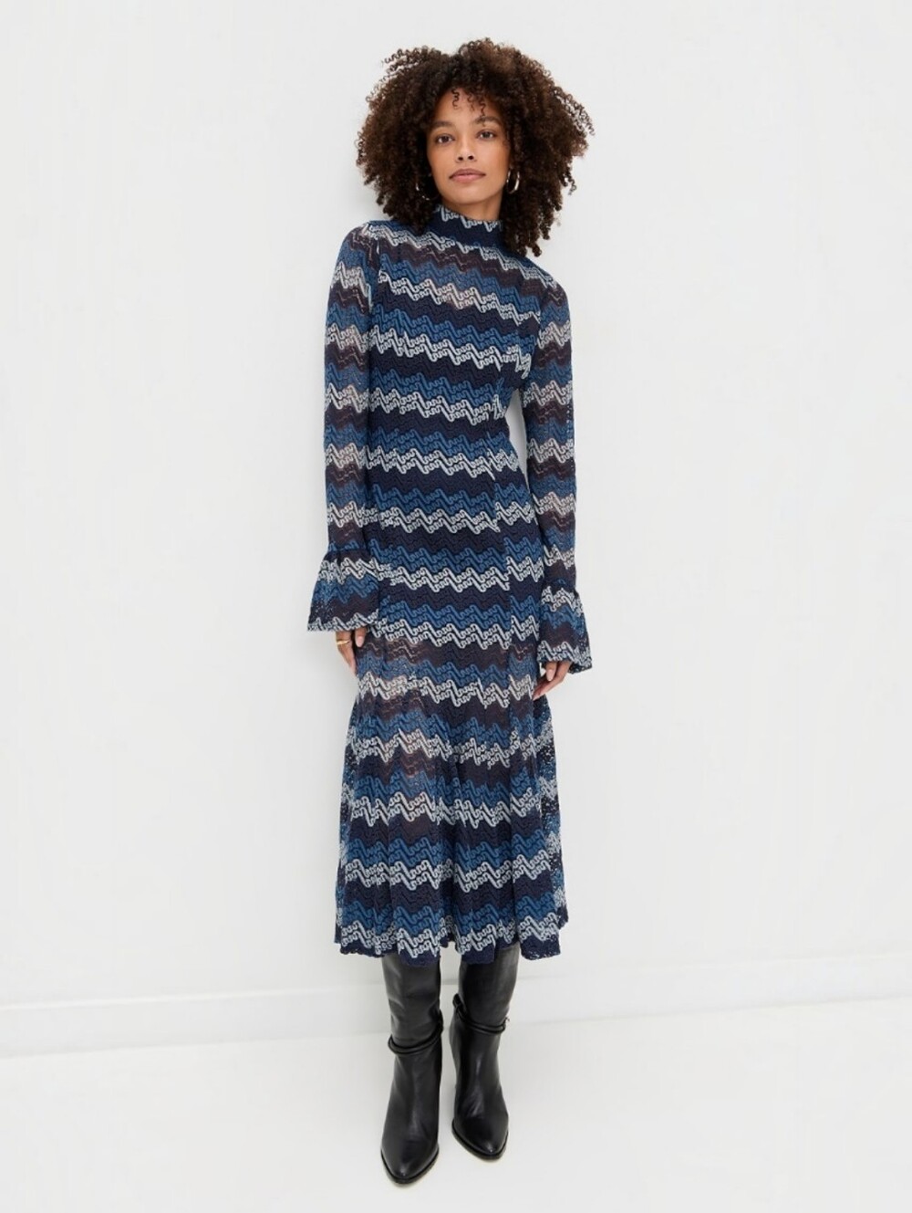 En Saison Lorrae Navy Tonal Zigzag/Chevron Pattern Lace Midi Dress, M, Boho Fall